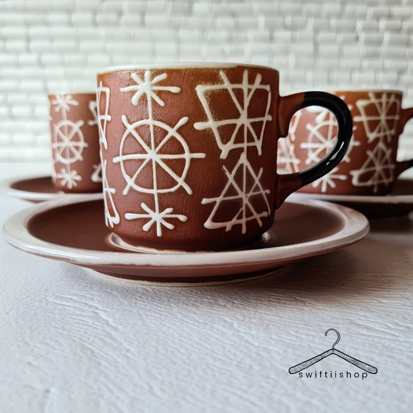 Vintage Other - VINTAGE 70s 80s Japanese Brown White Black Cup & Saucer Set of 6 Tea Coffee Cups